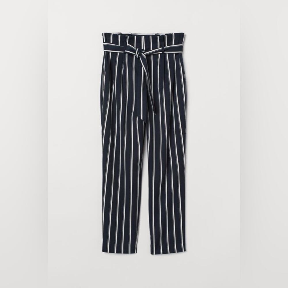 H&M Navy and White Striped Front Bow Paper Bag Trousers Straight Leg High Waist